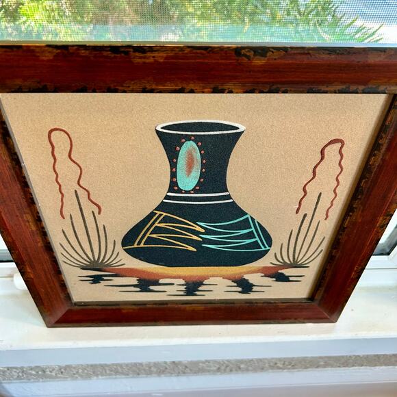 Vintage Navajo Framed Sand Art Painting of Beautiful Pottery - Picture 6 of 16